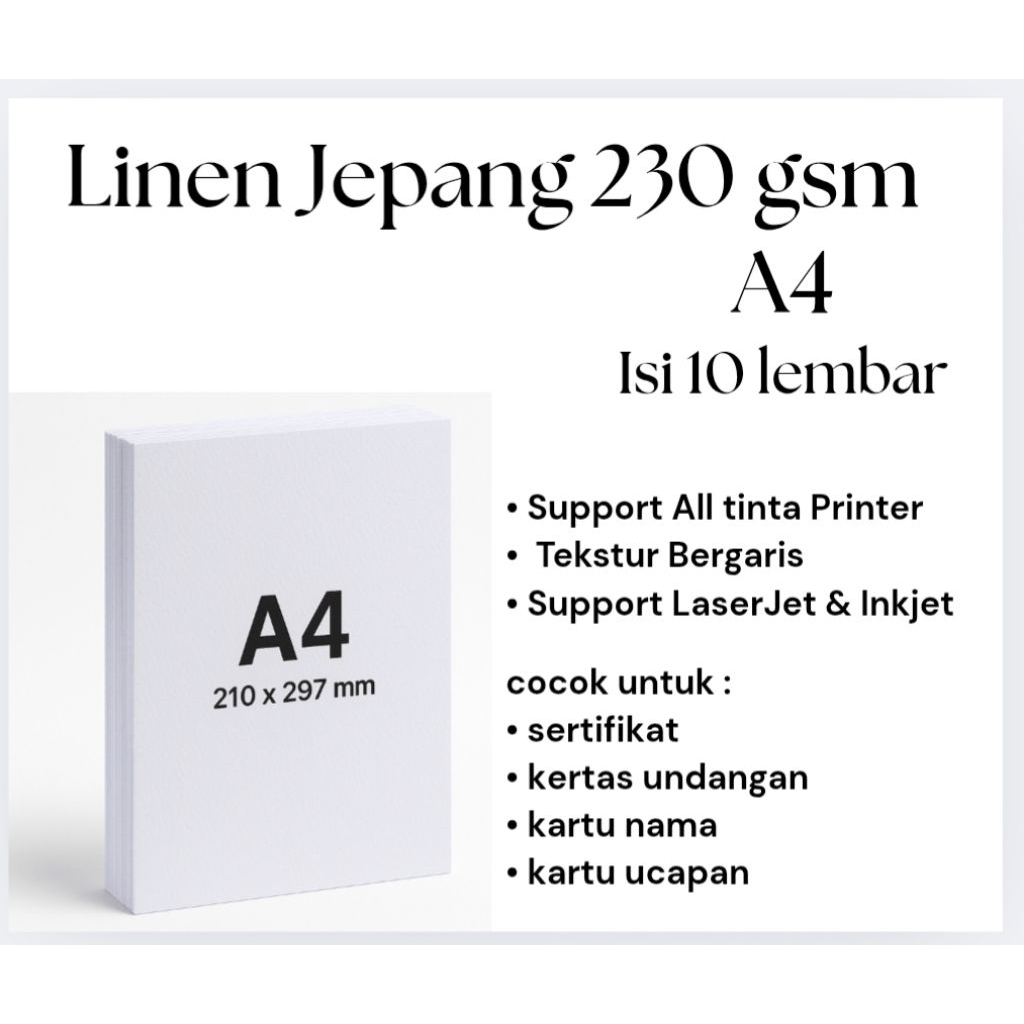 

Kertas Linen Jepang Premium Isi 10 Lembar A4 230 gsm – Kertas Tebal Untuk Sertifikat, Undangan | Tekstur Elegan.