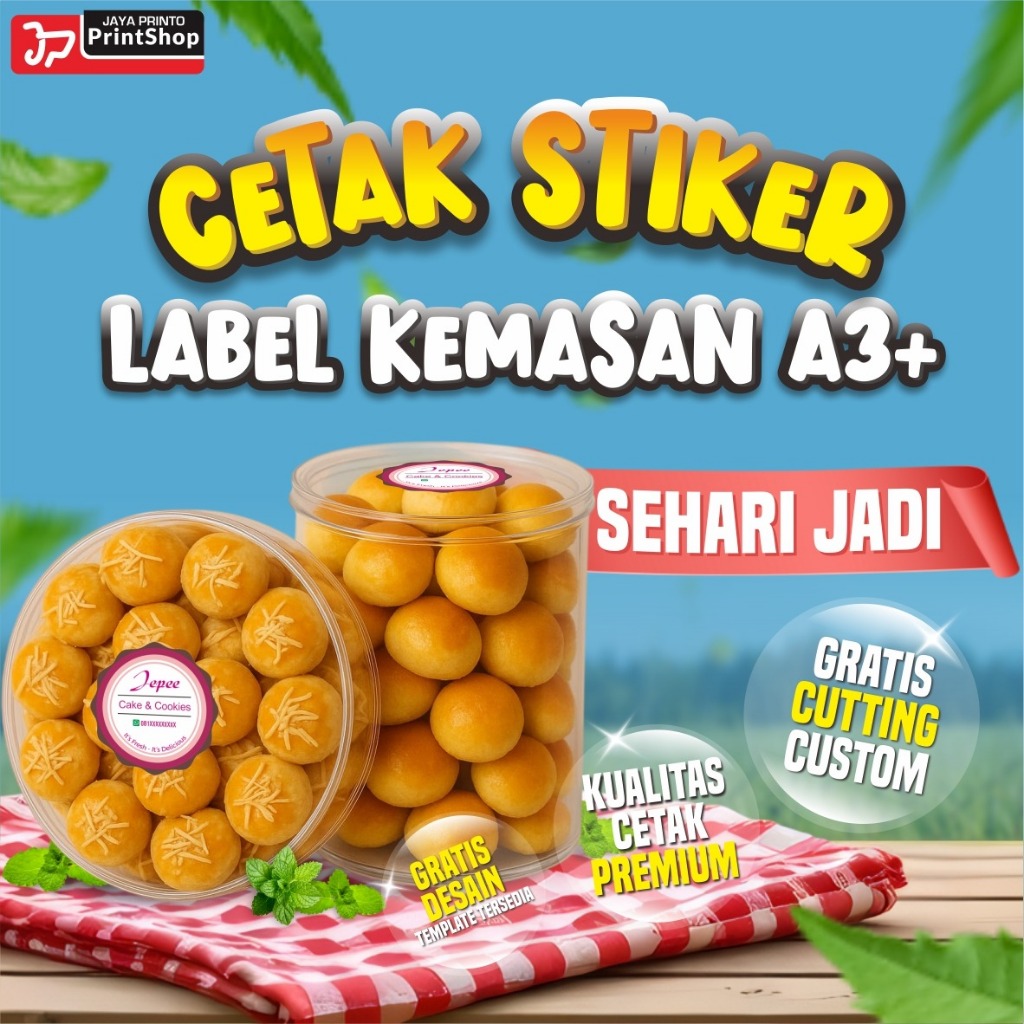 

Cetak Stiker Label Kemasan / Makanan Plus Cutting Model Bebas Ukuran A3+ Bahan Bontaq / Chromo_STICKER
