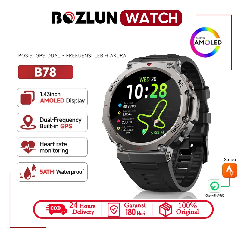 Bozlun B78 Smartwatch Pria 5ATM Waterproof | GPS Map | 1.43 Amoled | Compass | Bluetooth Call