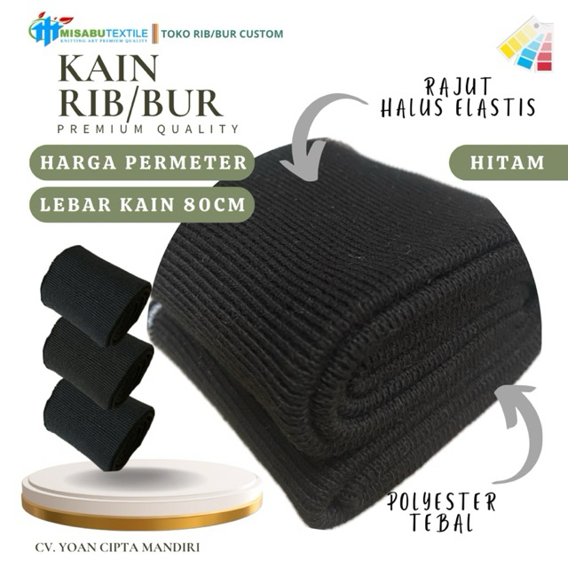 Misabu Textile 🇲🇨 Kain rib bur hitam polos elastis tebal premium