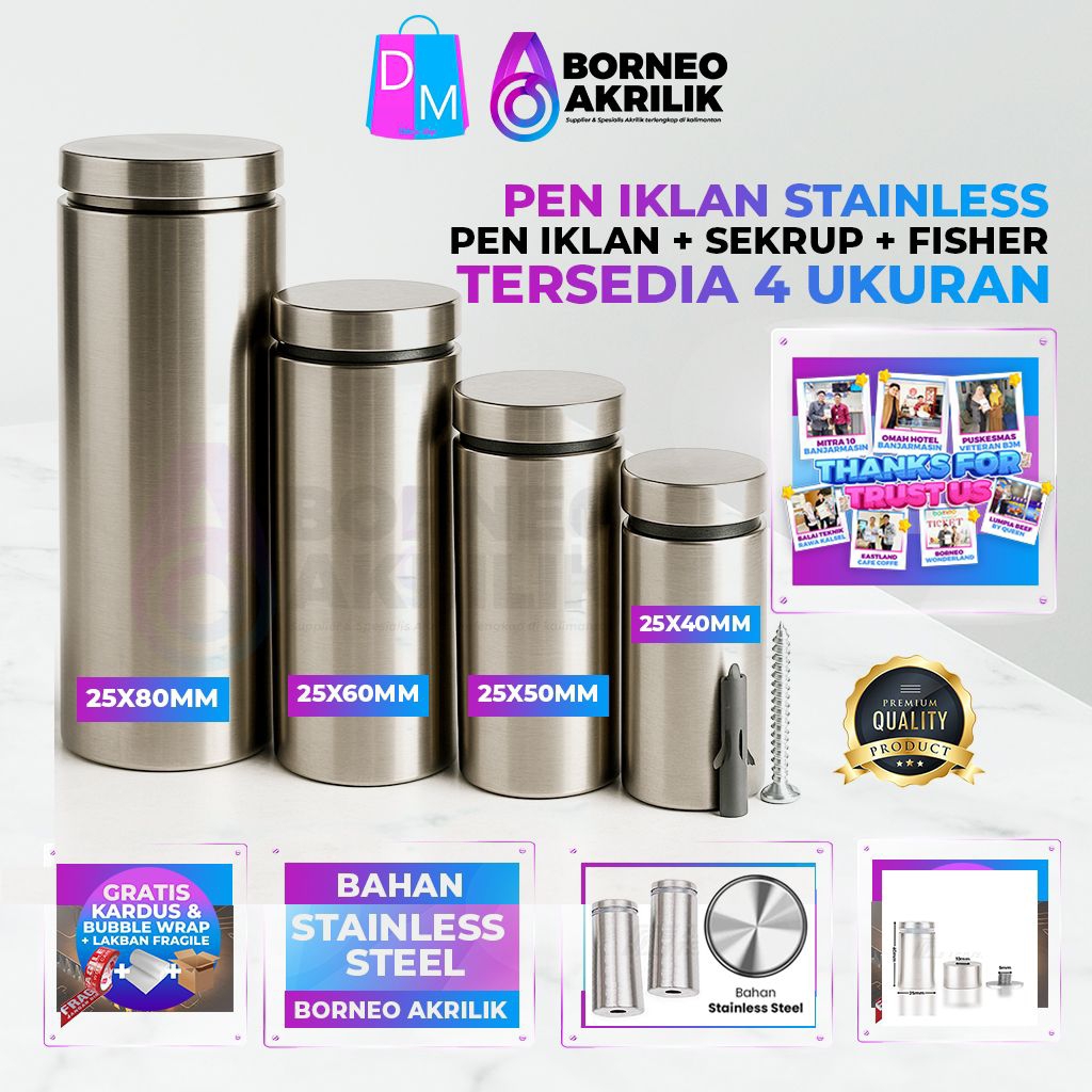 

PEN IKLAN STAINLESS STEEL 25X40MM 25X50MM 25X60MM 25X80MM PEN IKLAN DEKORASI PERLENGKAPAN USAHA PERLENGKAPAN KANTOR ALAT TULIS KANTOR FISHER BAUT STAINLESS DILEMASHOP GROUP BORNEO AKRILIK