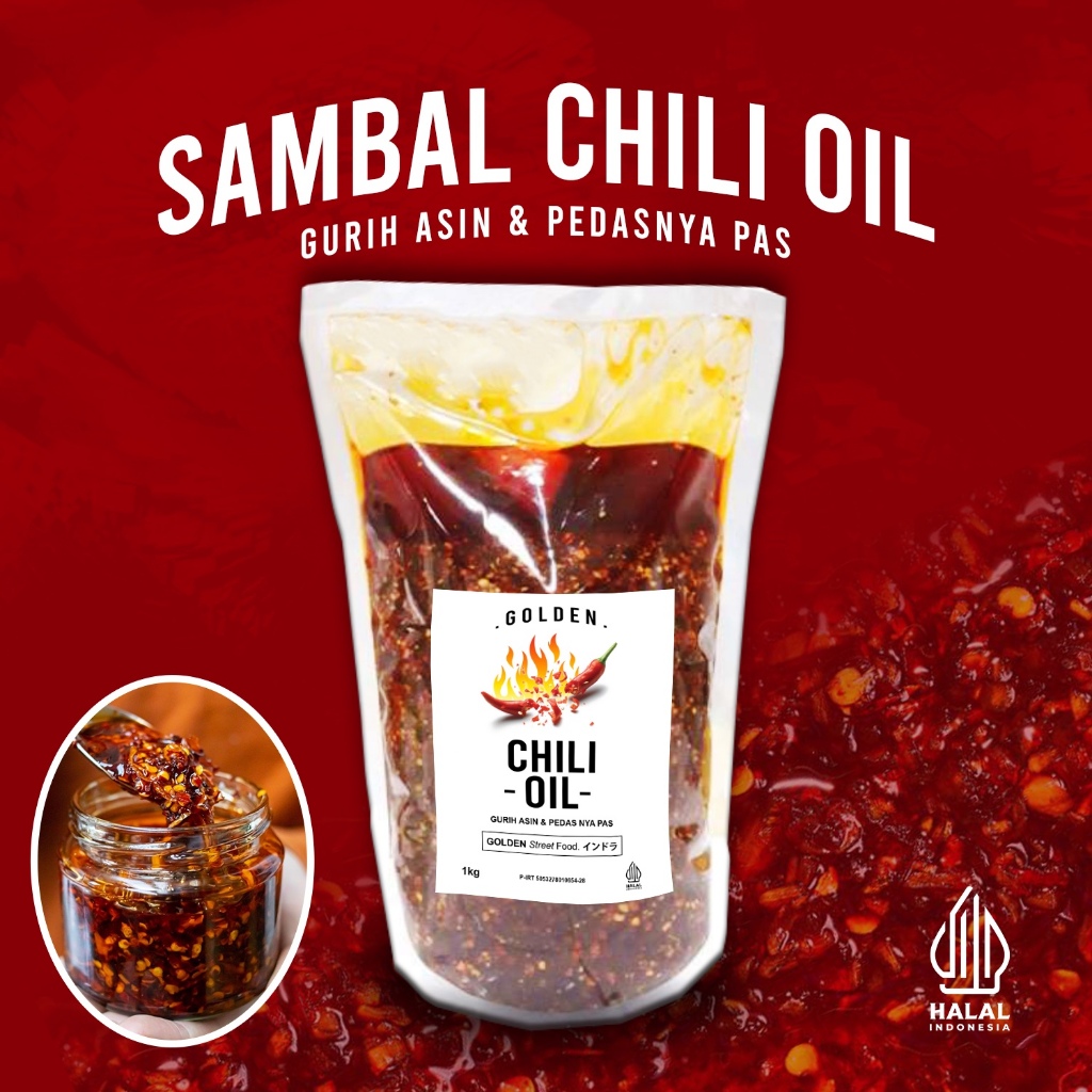 

GOLDEN CHILI OIL MINYAK CABAI Kemasan Siap Saji HALAL isi 1kg - 500gram Gurih Asin Pedasnya Pas