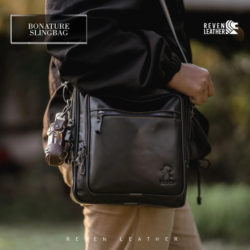 REVEN LEATHER Bonature Bag - Tas Selempang Bahu Pria Kulit sapi Asli Free Dompet STNK