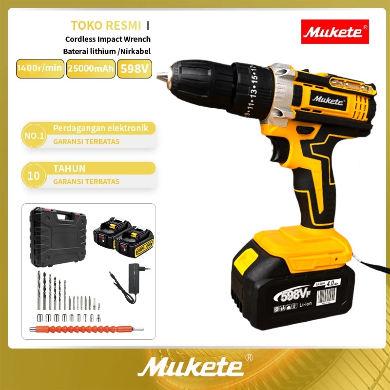 Mukete 298V/398V/598V bor listrik bor cordless bor brushless bor impact baterai bor elektrik baterai