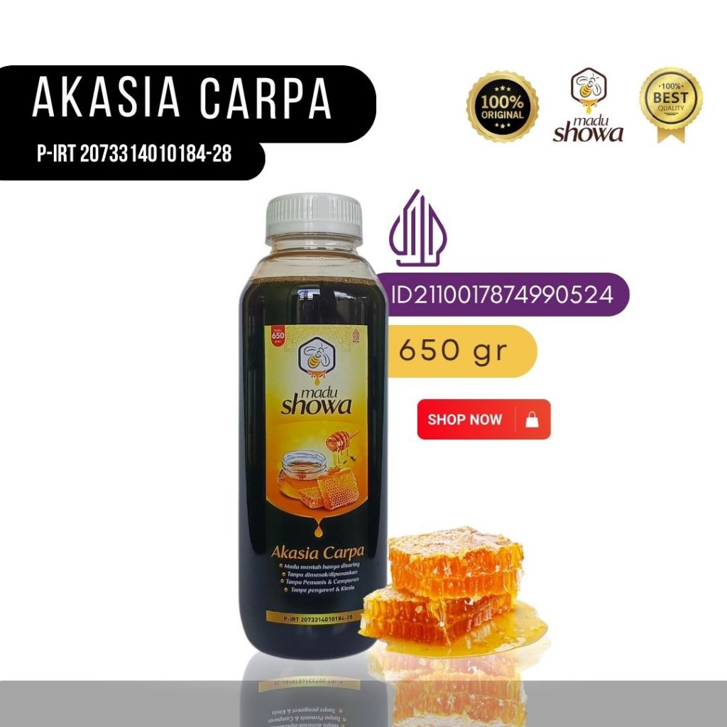 

Showa Honey - Madu Hitam Akasia Carpa 650Gram - Asli 100 % Halal & Dinkes - Botol Kale 650Gram