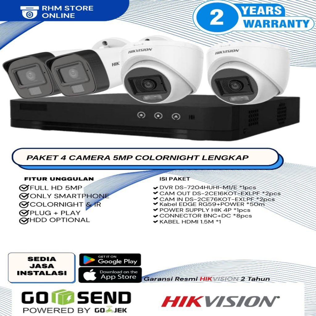 PAKET CCTV 4 CHANNEL HIKVISION 5MP COLORVU