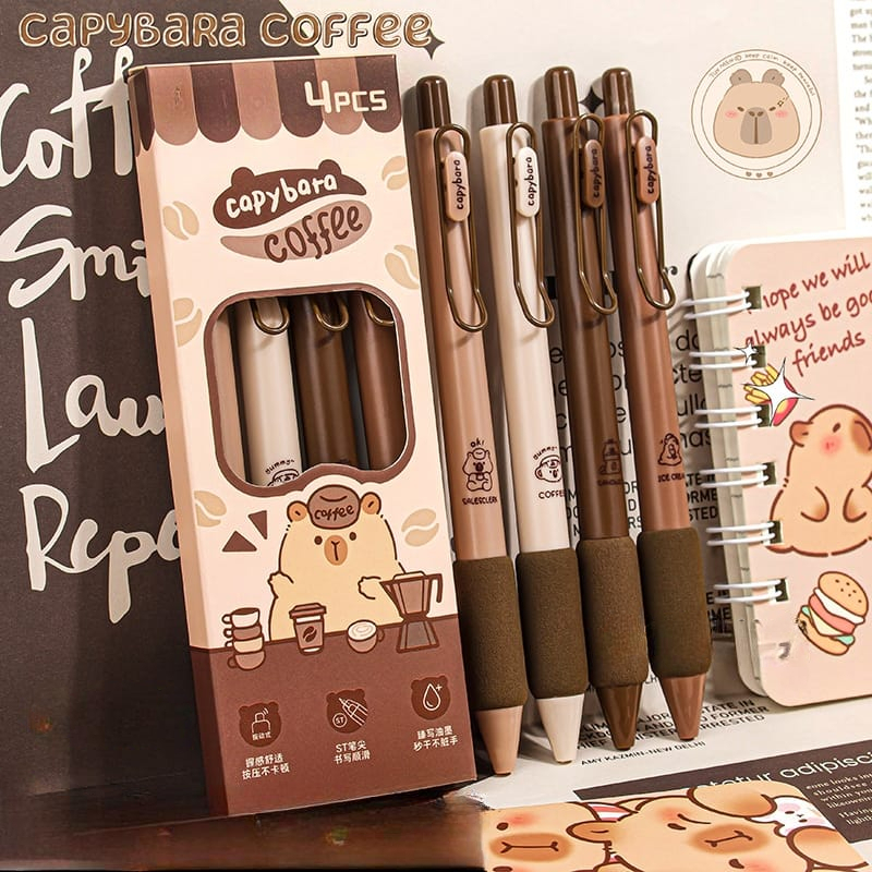 

batamall - (1 BOX ISI 4 PENA) PULPEN MEKANIK CLIP PREMIUM IMPORT TINTA GEL HITAM TIP 0.5MM KARAKTER CAPYBARA COFFEE #ST151 BOLPOIN CETEK SET ANAK SEKOLAH LUCU PENA SOUVENIRS HAMPERS