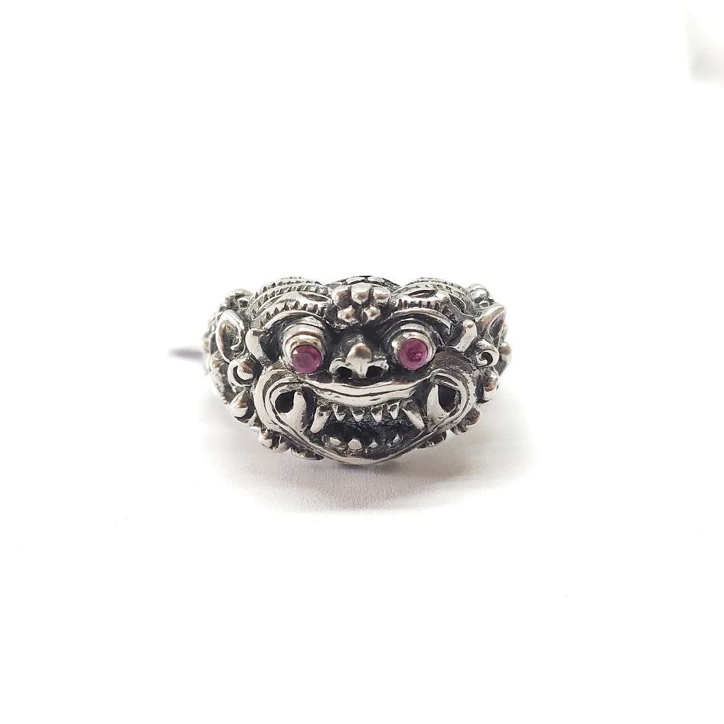 Ring Cincin Perak Silver Asli 925 Ukir Barong Rangda Batu Permata Garnet Pria Laki Wanita Custom
