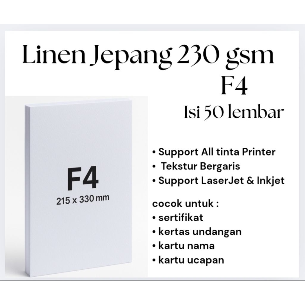 

Kertas Linen Jepang Premium Isi 50 Lembar F4 230 gsm – Kertas Tebal Untuk Sertifikat, Undangan | Tekstur Elegan.