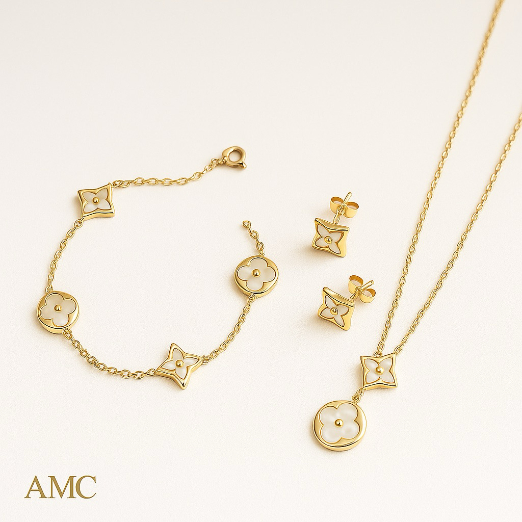 Satu Set Perhiasan Eksklusif Untuk Wanita Design Bintang Clover Putih Kramik Denga Rantai Titanium A