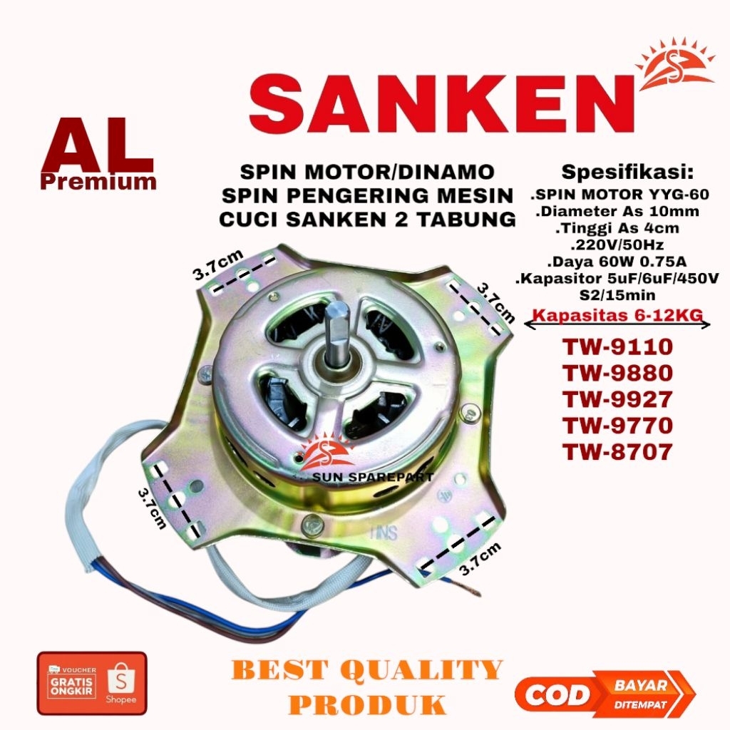 Dinamo pengering Mesin cuci SANKEN 2 Tabung Al premium TW-9110/TW-9880/TW-9927/TW-9770