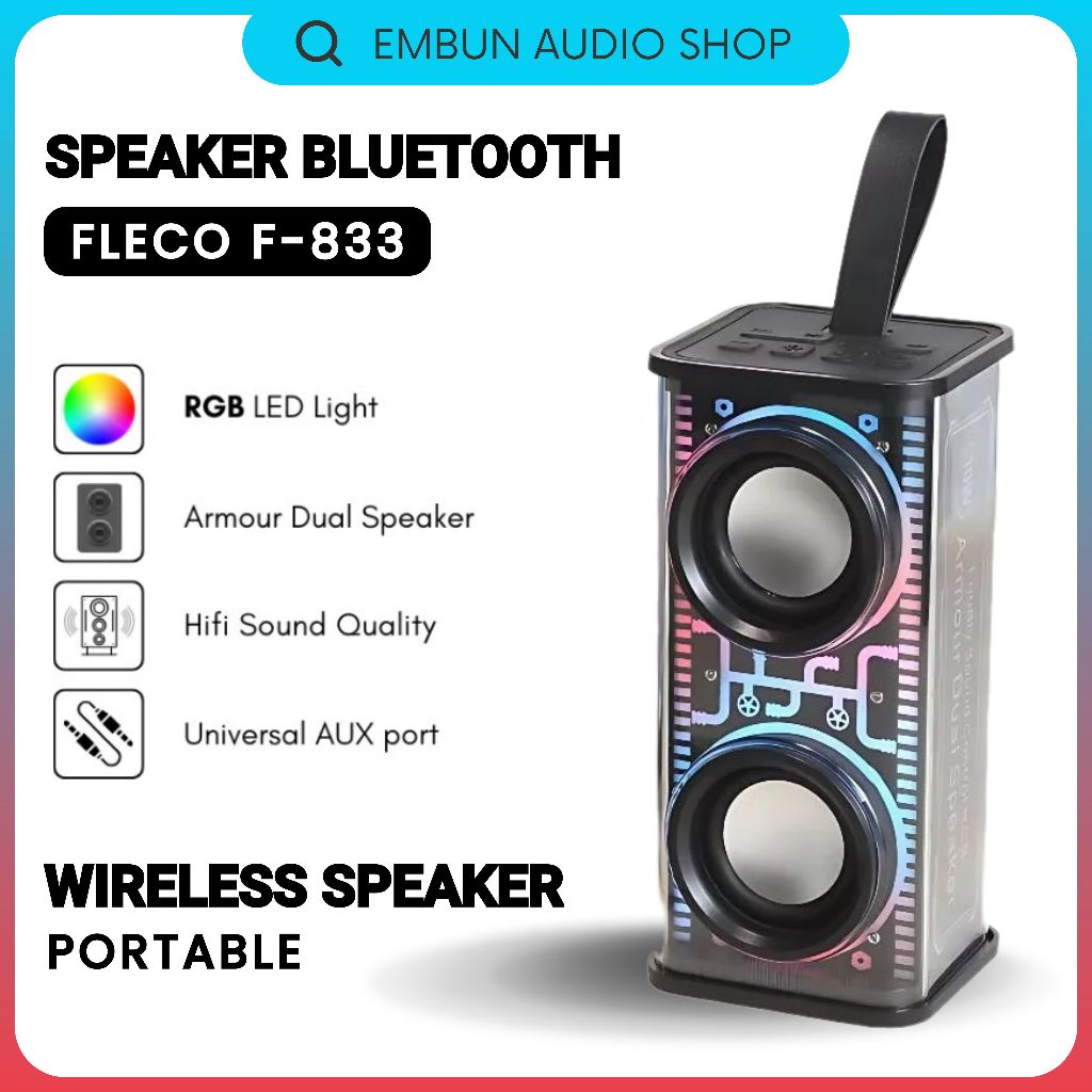 FLECO Speaker Bluetooth Wireless Portable 10W RGB LED Super Bass BT/AUX/USB/TF Card F-833 Speaker Fl