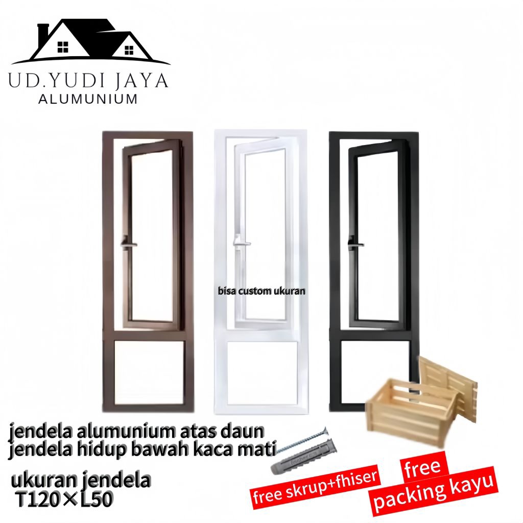 JENDELA ALUMUNIUM ATAS DAUN HIDUP BAWAH KACA MATI UK 120×50 BISA CUSTOM AKSESORIS LENGKAP TINGAL PAS