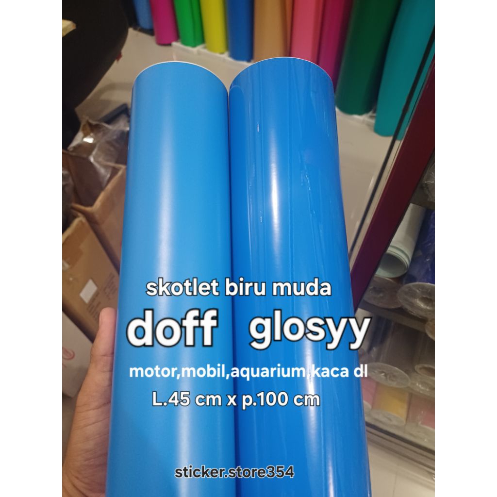 Stiker skotlet biru muda glosy dan dop per meter murah ,skotlet motor,mobil,aquarium,kaca,skotlet be