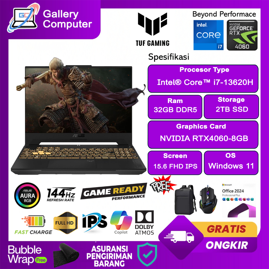 Laptop gaming terbaru Asus TUF F15 FX507VV Intel Core i7 13620H Nvidia RTX4060-8GB Ram 32GB 2TB SSD 