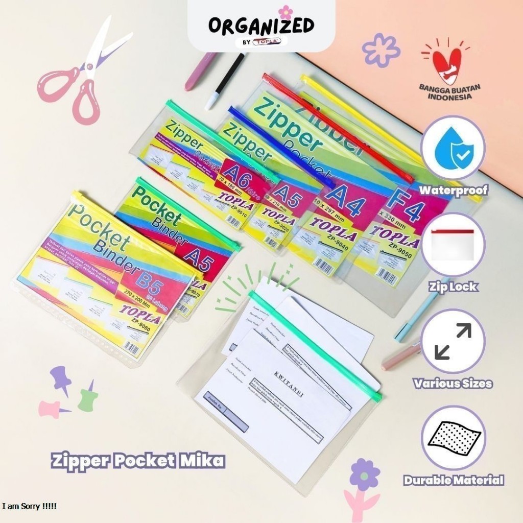 

Topla zipper Pocket Binder ziplock alat tulis kanton pensil tempat pensil ukuran A5 dan B5