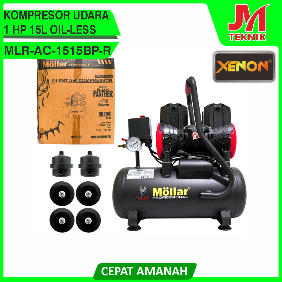 MOLLAR AC1515BPR KOMPRESOR UDARA 1HP 15L OILESS SILENT BLACK PANTHER