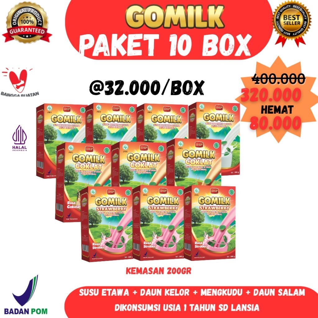 

GOMILK PAKET RESELLER 10 BOX susu kambing etawa plus herbal kelor mengkudu maag, asam urat, tulang kuat