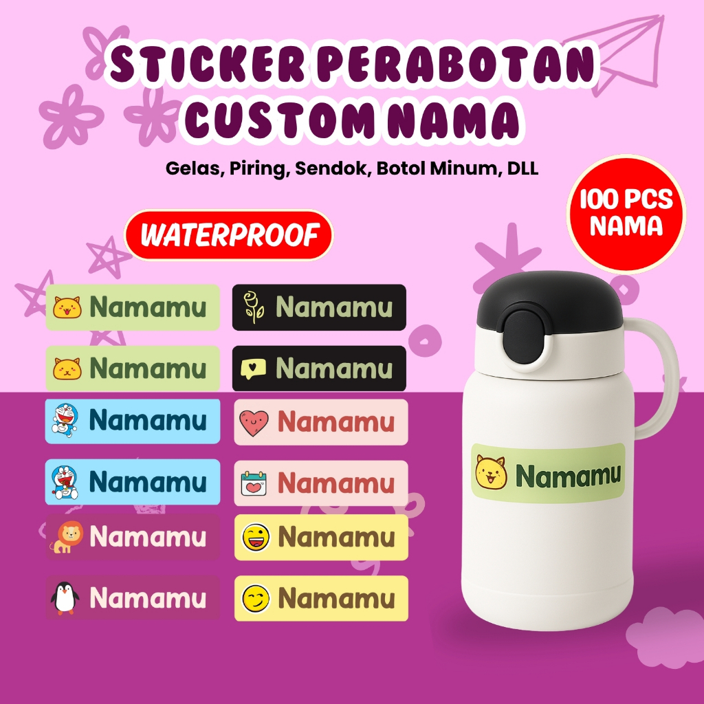 

100Pcs Sticker Custom Nama Piring Sendok Botol Barang Perabotan Stiker Ajaib Waterproof Timbul Label