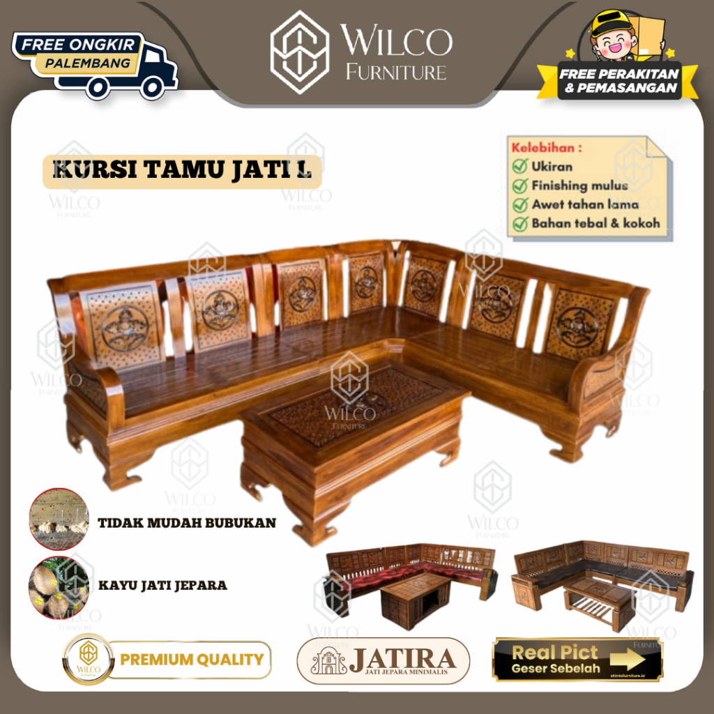 Kursi Tamu L Sudut Jati JATIRA Ukir Clasik / Sofa L Jati Minimalis Ukir Jepara /Sofa Kayu Minimalis 