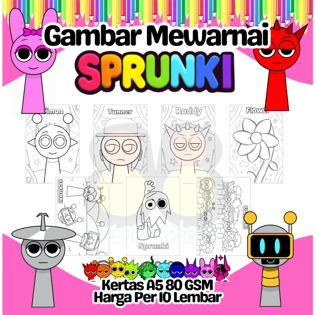 

10 Lembar Kertas Gambar Mewarnai Ukuran A5 Tema SPRUNKI Termurah - Anak Anak TK SD PAUD Remaja