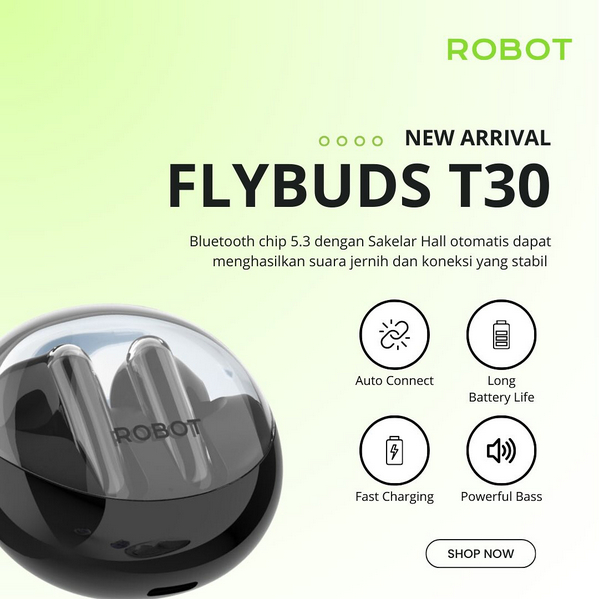 Robot Headset Bluetooth TWS T30 Wireless Earphone Flybuds True Wireless Earbuds Case Transparan