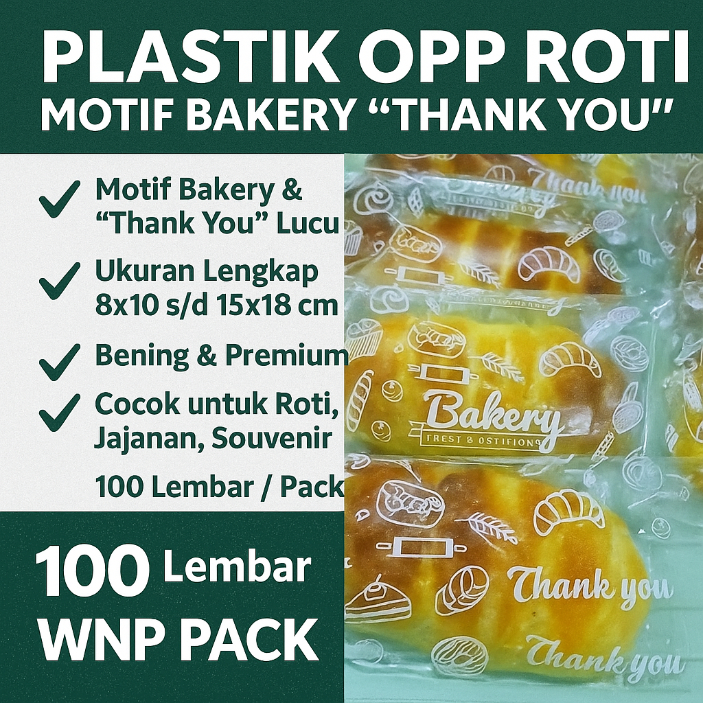 

Plastik OPP Roti Motif Bakery “Thank You” – 100 Lembar | Bening + Lucu | Ukuran 8x10–15x18 cm | WNP PACK