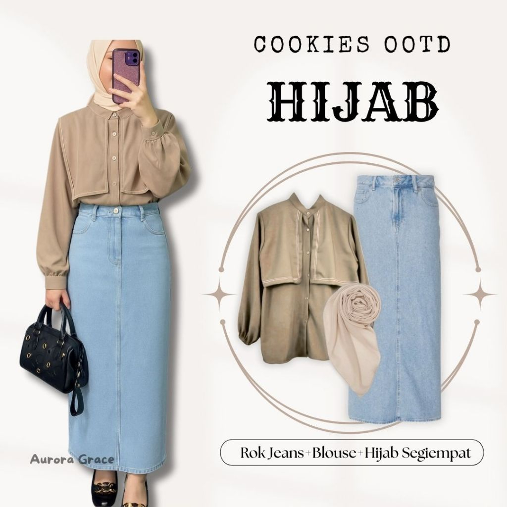 Aurora Grace| Outfit 3in1 ootd outfit wanita wanita kekinian (Rok Jeans, Blouse, Hijab Segiempat) )