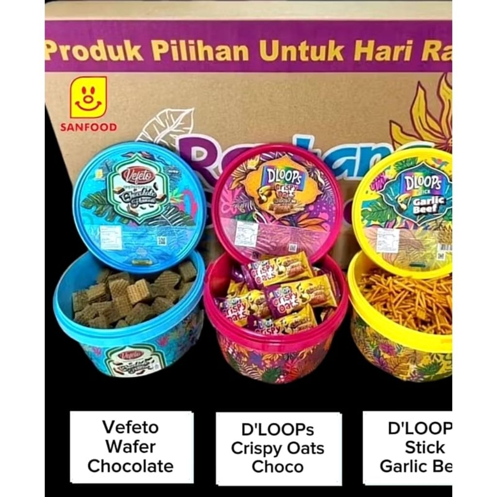 

DLOOPS Rantang Sanfood isi 3 jenis snack D'loops Stick Garlic | Veritop Wafer Cream Chocolate | Crispy Oats Chocofee