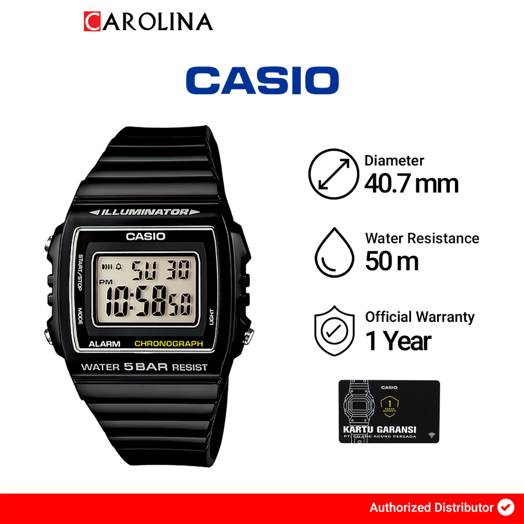 Jam Tangan Unisex Casio General W-215H-1A WR 50M Digital Dial Black Resin Band
