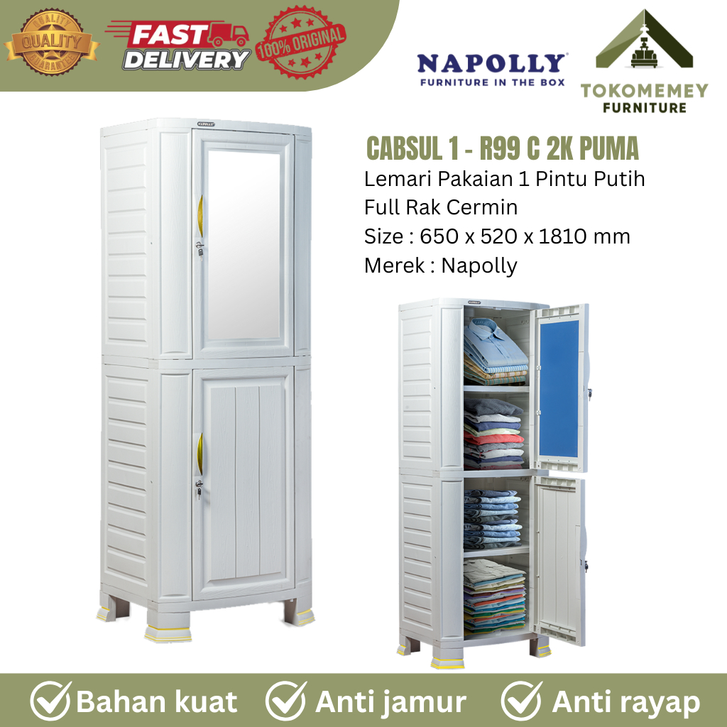 NAPOLLY CABSUL1 LEMARI PAKAIAN LEMARI PLASTIK KACA FULL RAK WHITE LEMARI MINIMALIS 1 PINTU