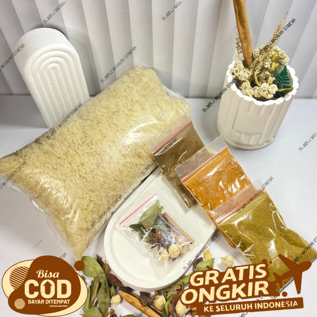

Beras 1 kg + Bumbu + Rempah campur kebuli briyani mandhi bukhori khabsah