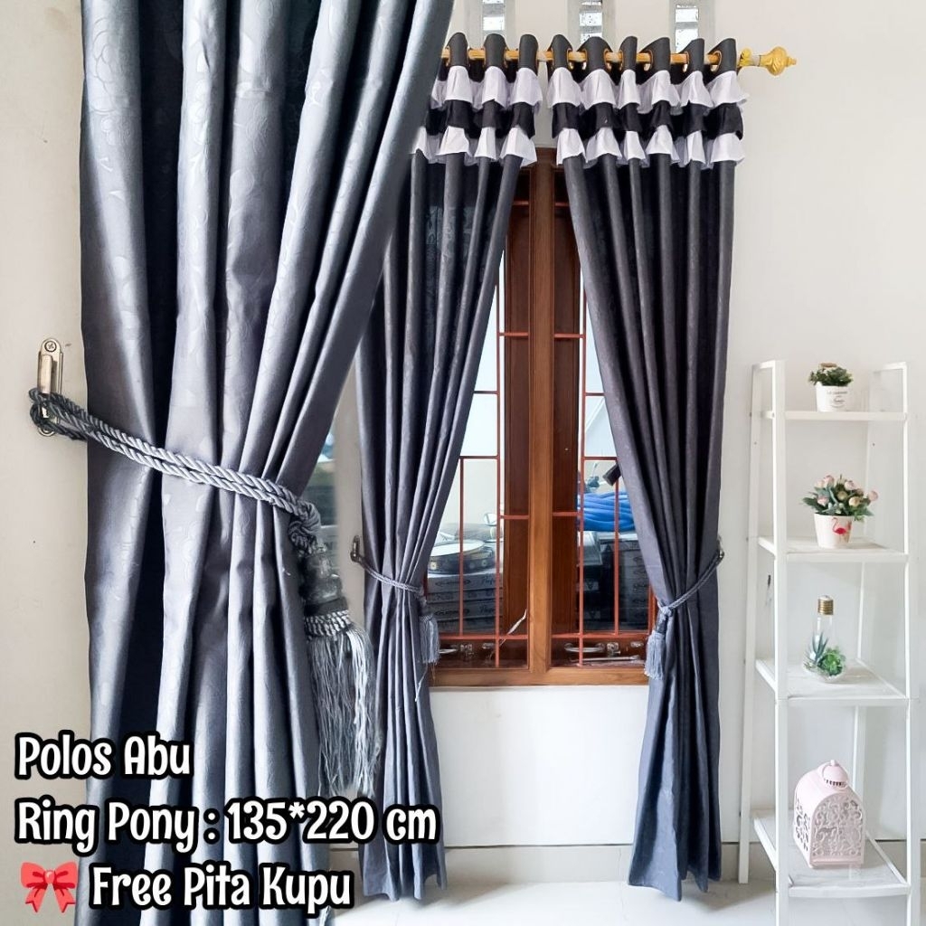 Gorden Rumbai Pony Ring 12 Pintu dan Jendela L135 P220 Motip Polos Embos (free tali pita) Bahan Katu