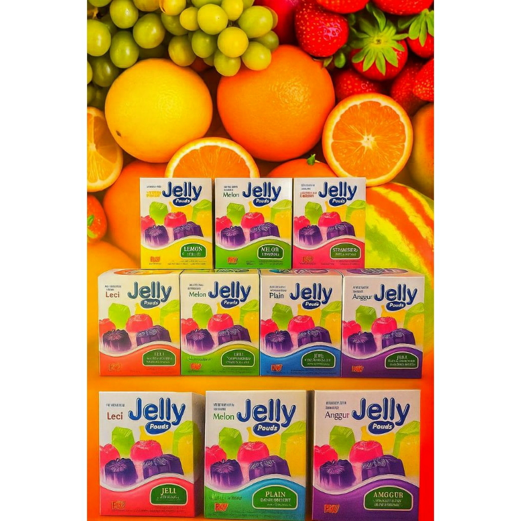 

Jelly powder aneka rasa buah ( Melon, strawberry,mangga,jeruk,leci, anggur,melon,dan plain) 15g