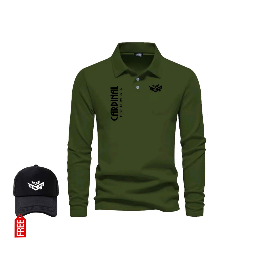 Kaos POLO lengan panjang | Cardi form text hitam | Katun Quality 30s  Pria dan Wanita | GRATIS TOPI!