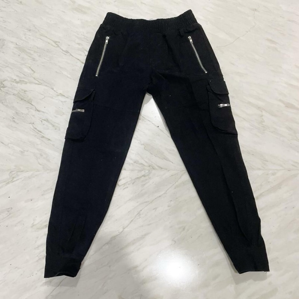 Lakenzie Reputation Studios Cargo Celana Jogger Hitam Model Zipper Second Original