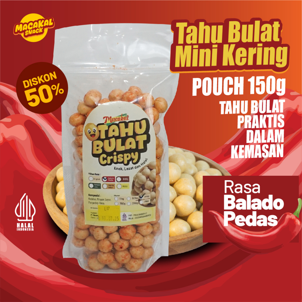 

Macakal - Tahu Bulat Mini Kering Crispy Rasa Balado Pedas 150g I Tahu Renyah Khas Ciamis Tanpa Di goreng Lagi Di Rumah