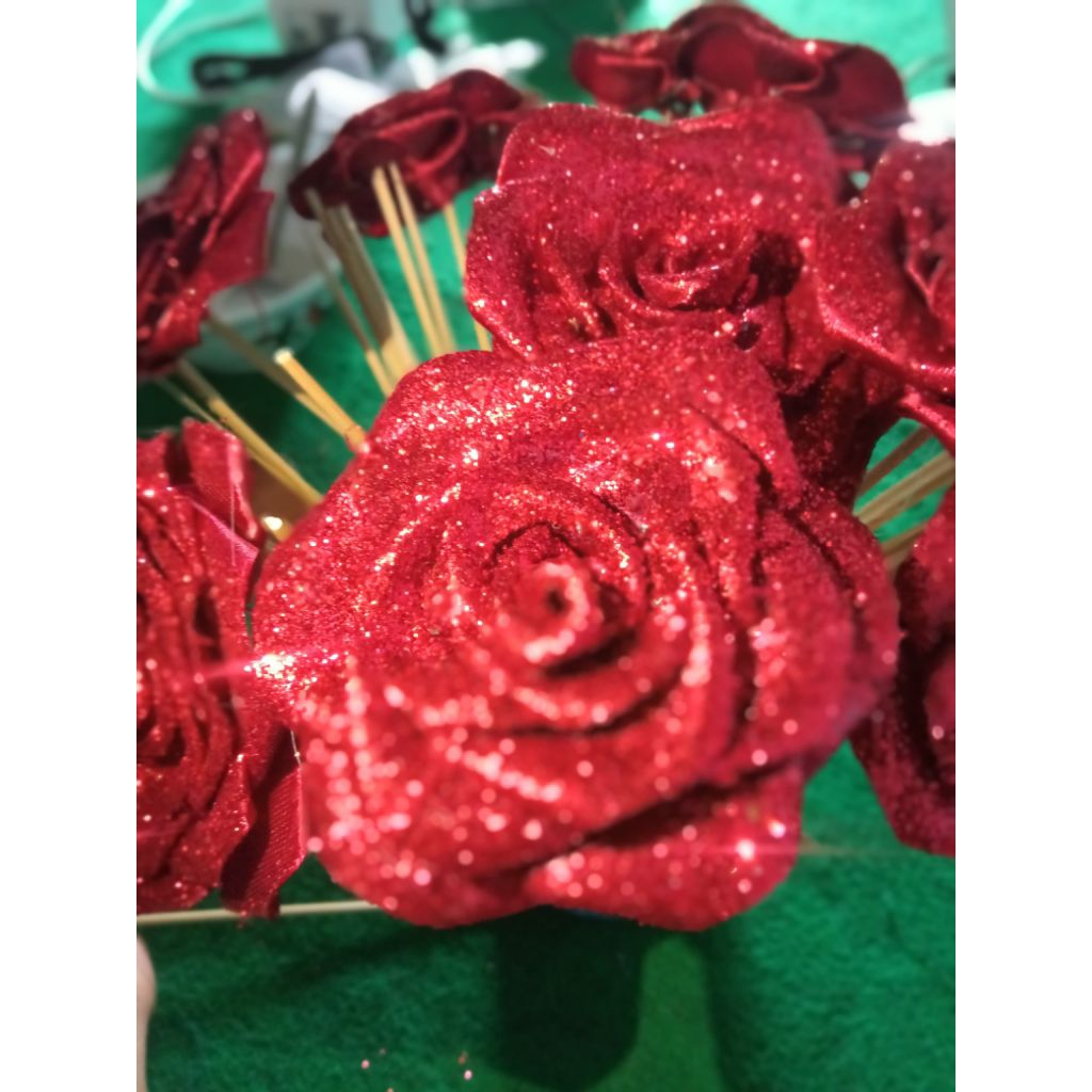 

bunga pita satin dengan gliter dan batang murah