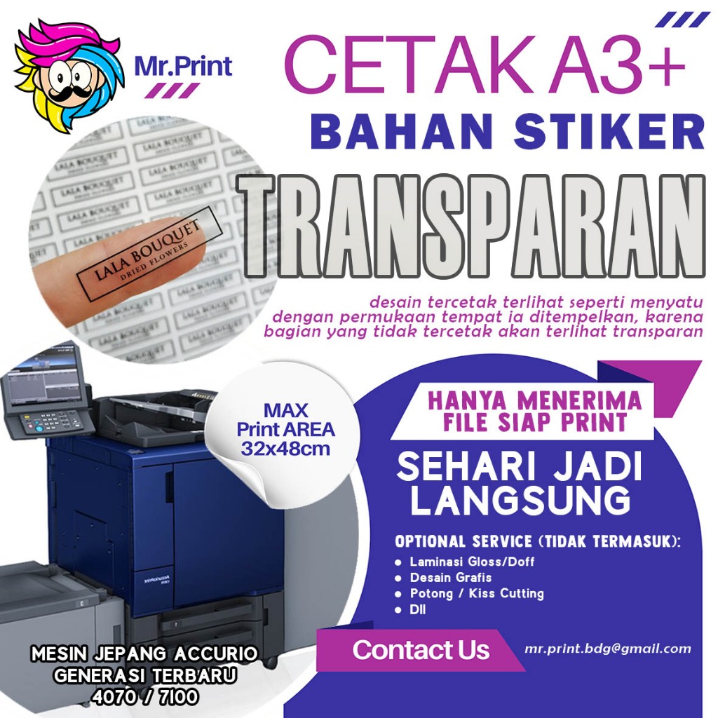 

Jasa Digital Print Cetak A3+ Stiker Transparan Sticker Bening Percetakan Sticker Transparant Digital Laser Toner Print Mesin Jepang Konica Minolta Accurio 2026 -MR.PRINT
