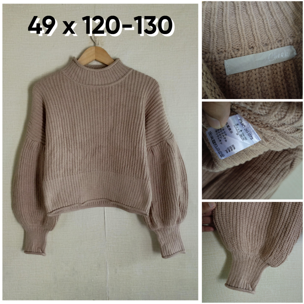 Sweater Rajut Cheek Coklat Size M Wanita Cable Knit Tebal Ringan Lengan Bal0n ZX769