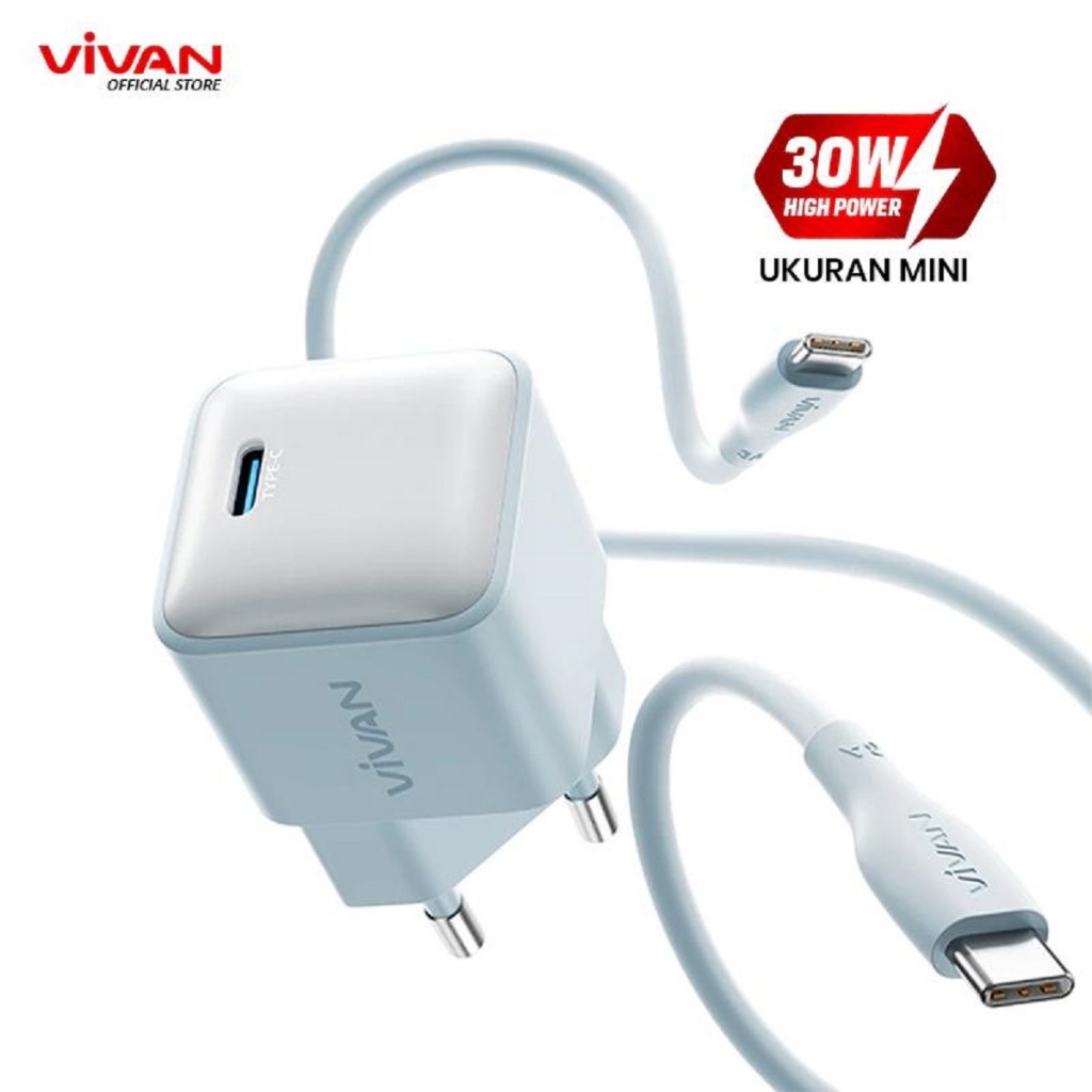VIVAN Super Mini Charger Power Ice Blue 30W Original Fast Charging Set Kabel Type-C to Type-C Power 