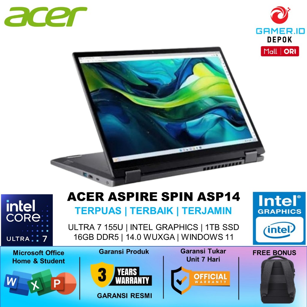 ACER ASPIRE SPIN ASP14 TOUCH ULTRA 7 155U RAM 16GB SSD 1TB WINDOWS 11 OHS WUXGA