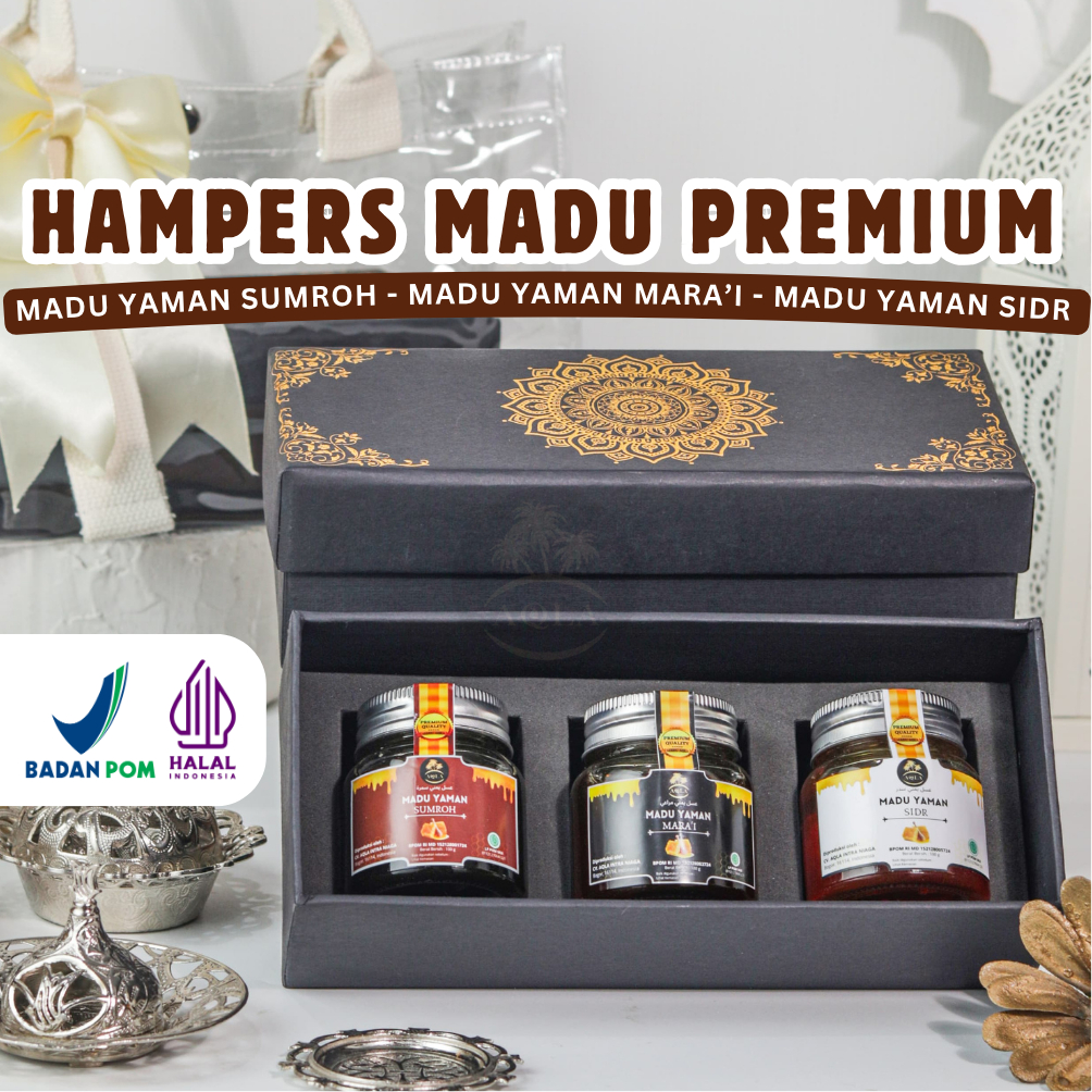 

Hampers Madu Yaman Mara'i Sumroh Sidr Parcel Madu Premium best Quality / Kado pernikahan / kado premium