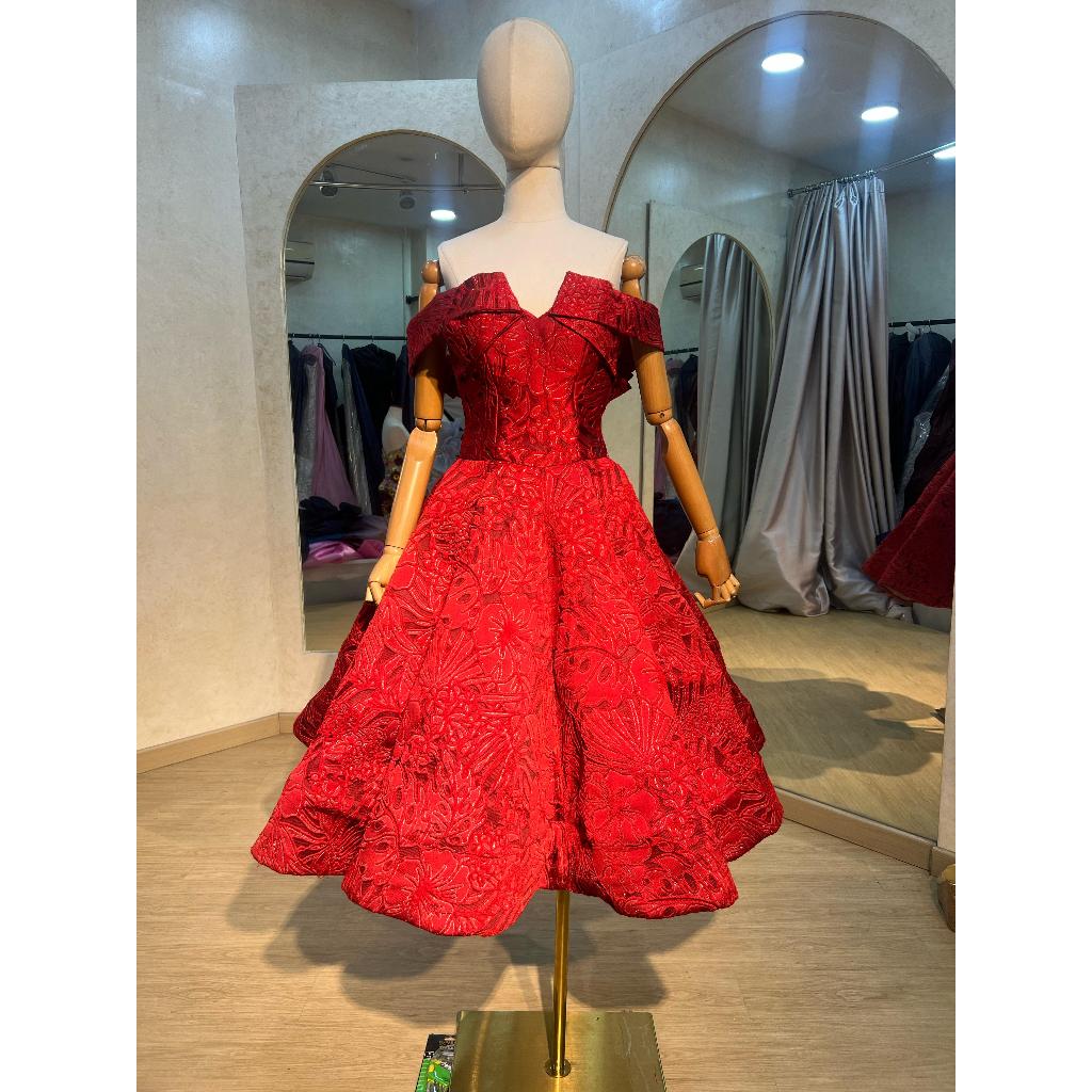 Gown/Gaun Pesta Elegan Mewah Dress Wanita Warna Merah Motif Bunga/Pressweet17/Prewedding/Bridesmaid/