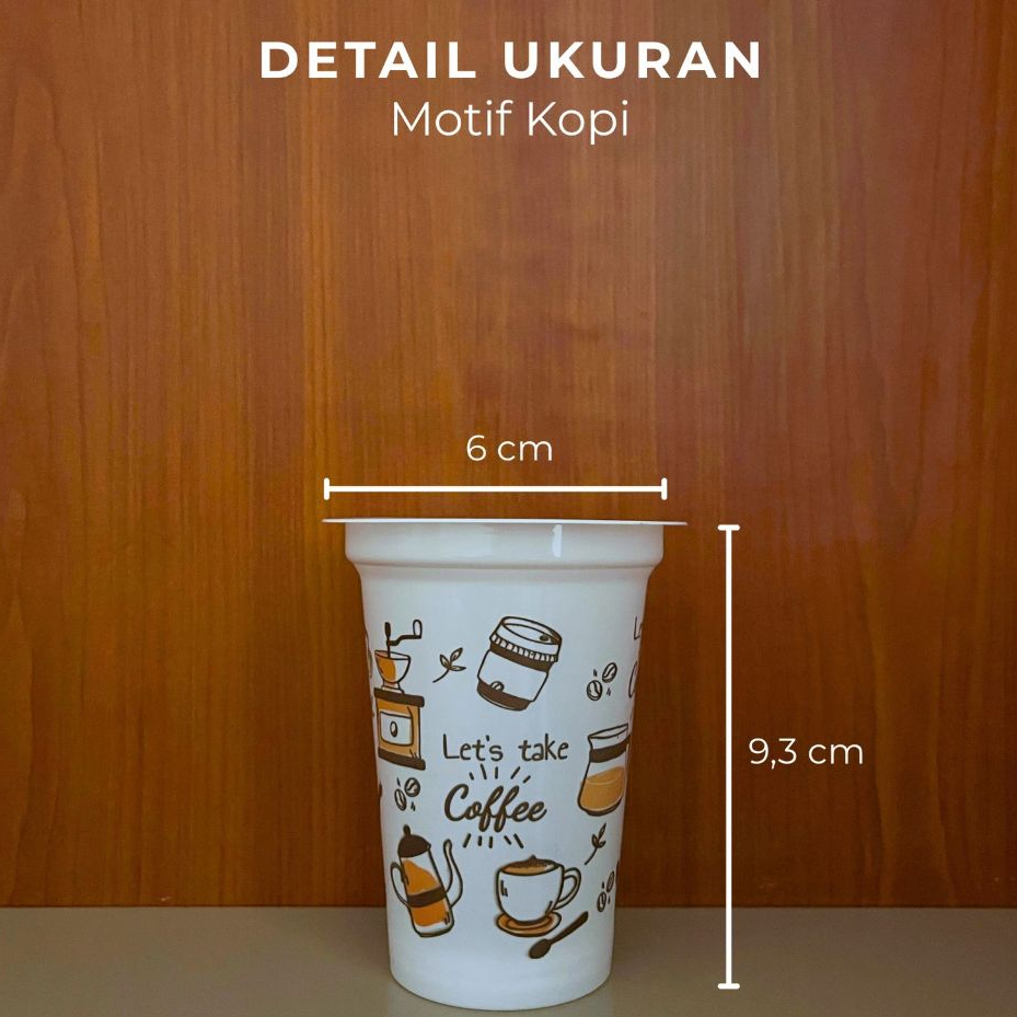 (Grosir) Gelas Plastik Motif Kopi 200ml (50) Halal Wadah Minuman Kopi Kuat Tahan Panas dan Dingin