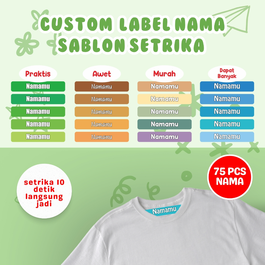 

Label Nama Baju Kain 75PCS Sablon Setrika Sehari Jadi Sticker DTF Stiker Printing Anti Luntur Custom