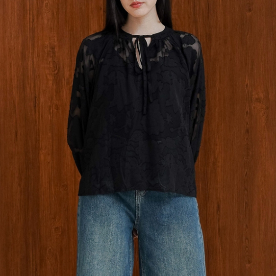 TERLARIS This Is April Atasan Blouse Wanita Lengan Panjang See Through Pevita Top Brown dan Black