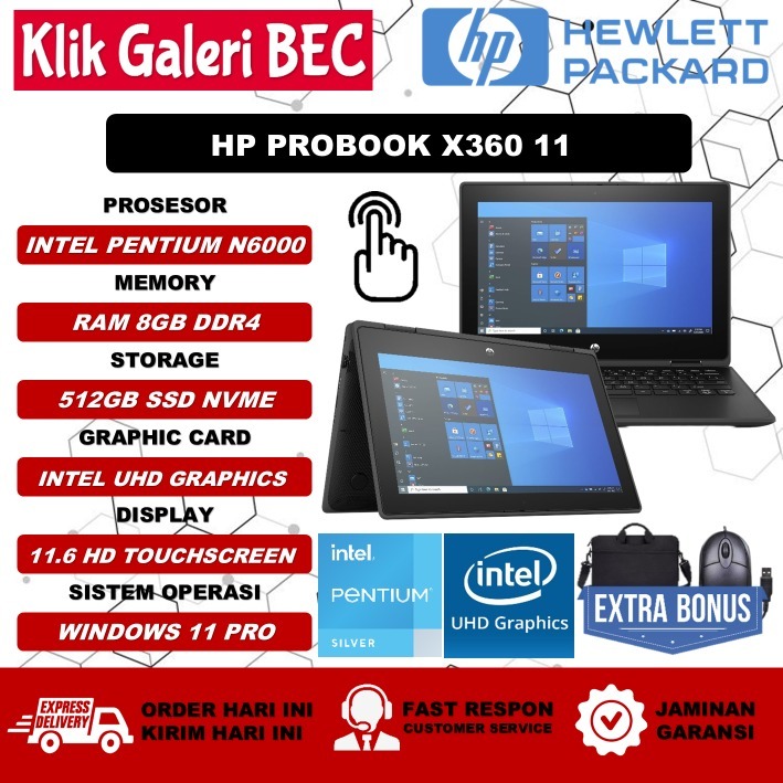 Laptop Lipat HP Probook X360 11 Intel Pentium Silver N6000 8GB 512GB 11.6 Touchscreen Black