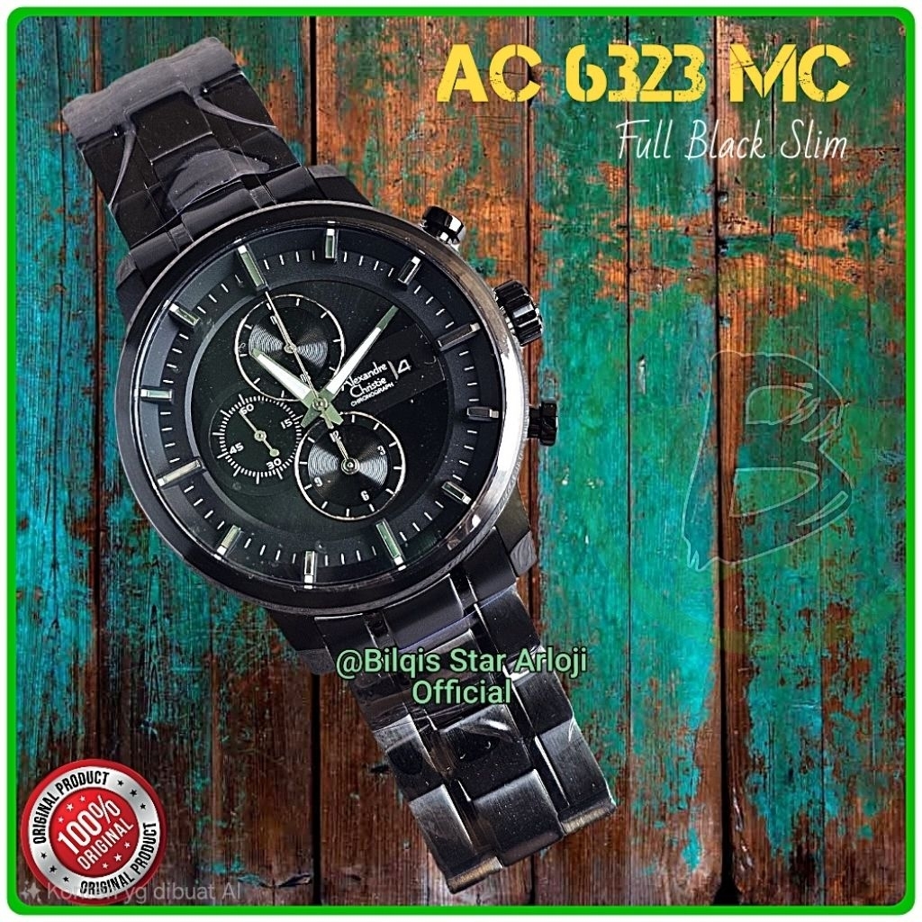 Alexandre Christie Pria Ac 6323 Mc Slim Tali Rantai Full Black Original