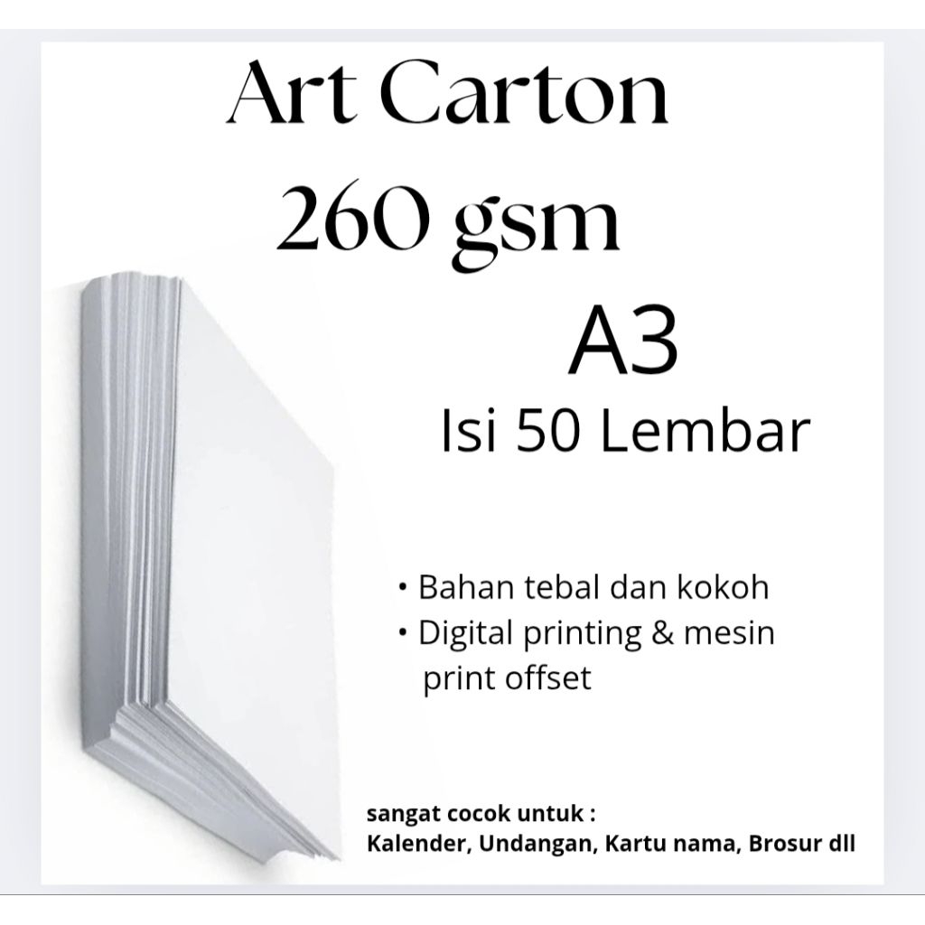 

Kertas Art Carton Tebal 260 GSM Ukuran A3 Isi 50 Lembar – Glossy, Kokoh. Cocok untuk Brosur, Undangan, Kemasan Premium & Cover.